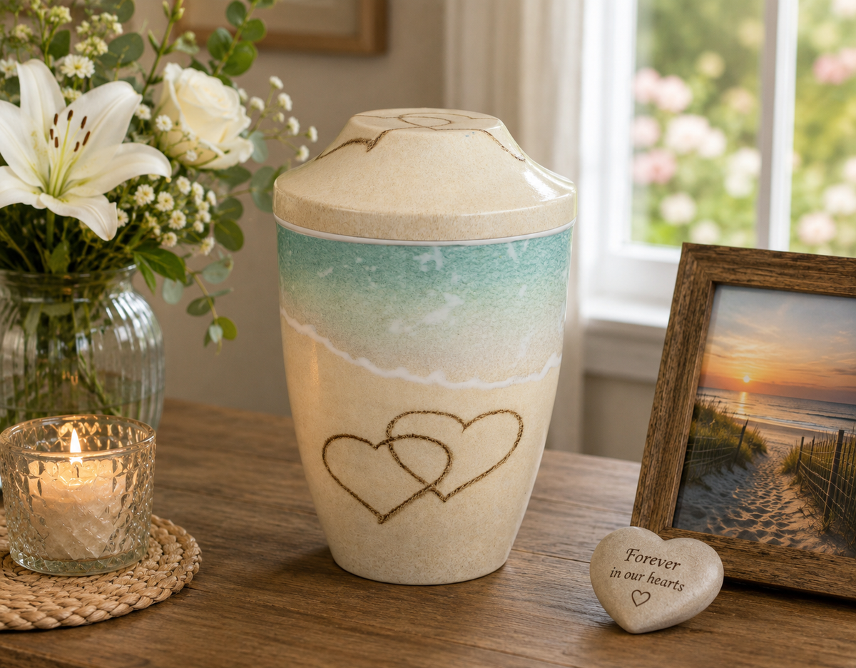 Hearts On Sand Design Iron Metal Cremation Urns With Free Ashes Bag