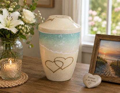 Hearts On Sand Design Iron Metal Cremation Urns With Free Ashes Bag