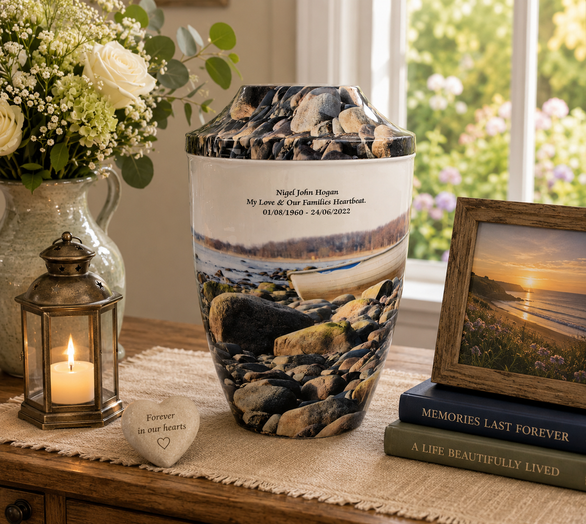 Iron Metal Cremation Urn Pebbles On Beach With Free Ashes Bag