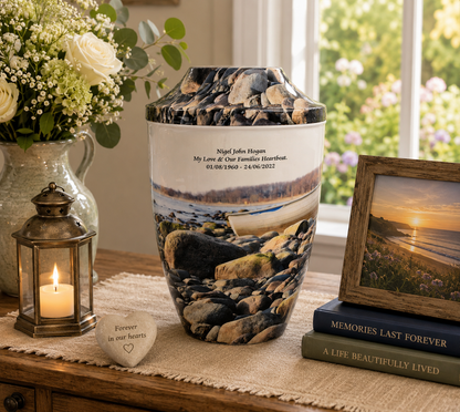 Iron Metal Cremation Urn Pebbles On Beach With Free Ashes Bag