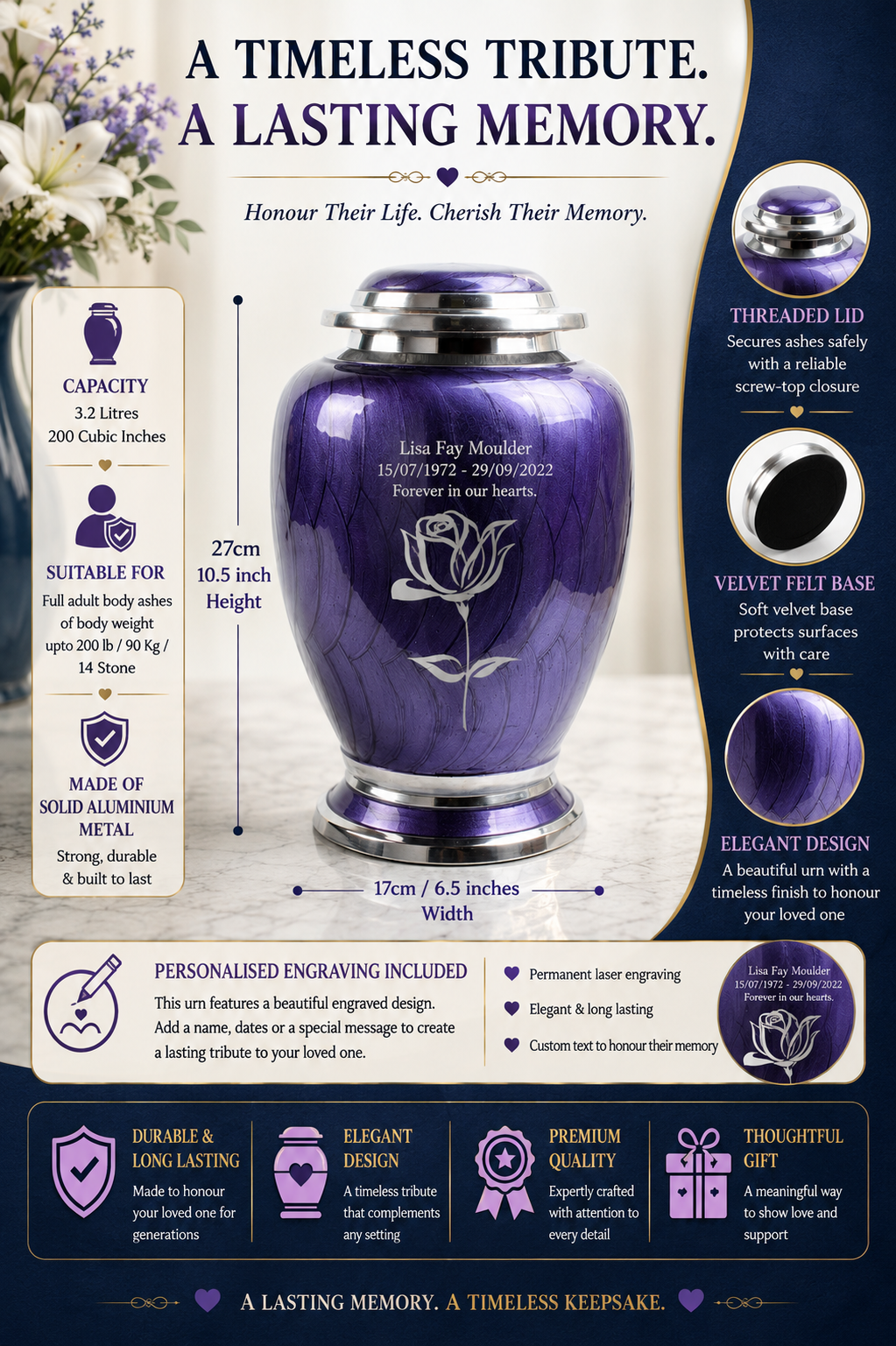 Purple and Silver Rose Dove Urn