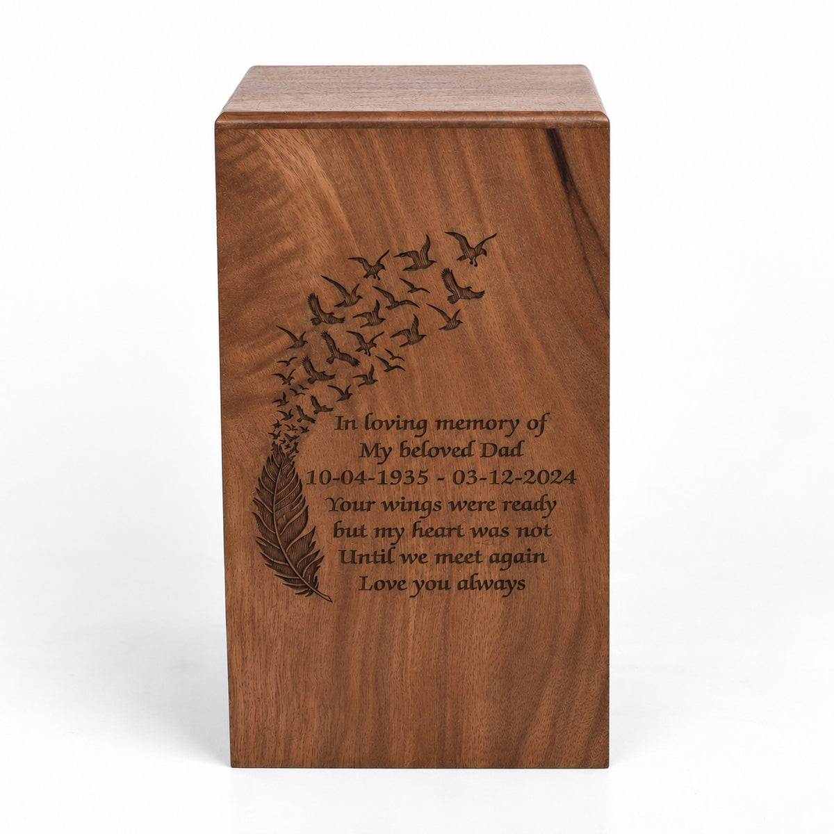 Wood Casket for Adult Ashes Feather Design