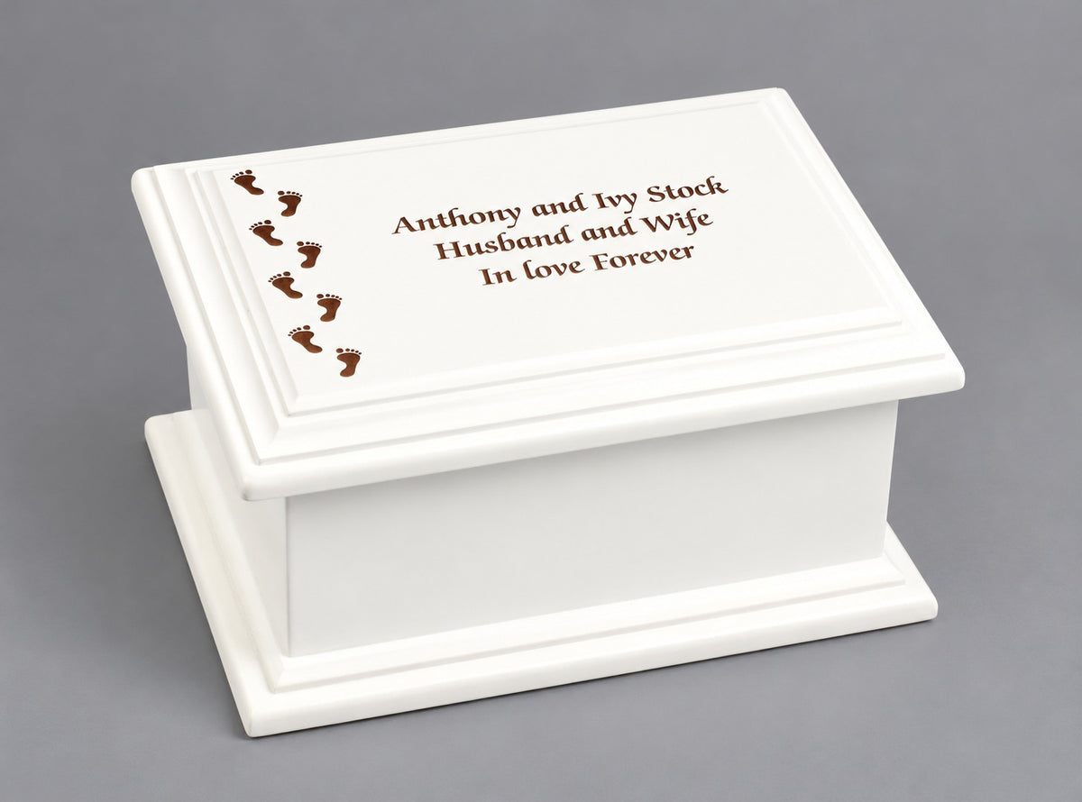 White MDF Wood Cremation Ashes Casket Footprints Urn 2 Sizes: Small & Medium