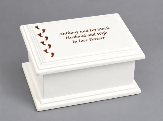 Large MDF Wood White Cremation Casket Footprints Design Urn