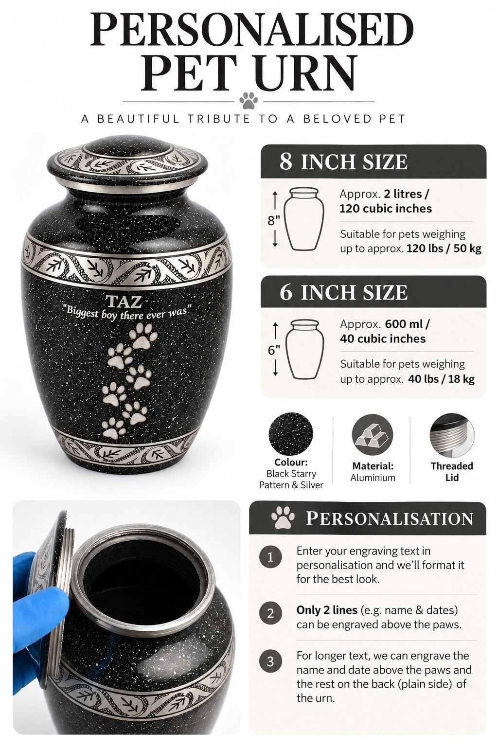 Grey Black Medium and Small Pet Ashes Urn