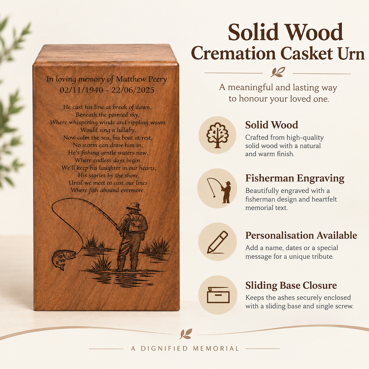 Wood Casket for Adult Ashes Fisherman Design