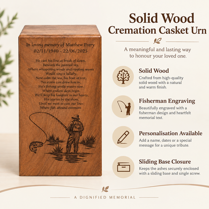 Wood Casket for Adult Ashes Fisherman Design