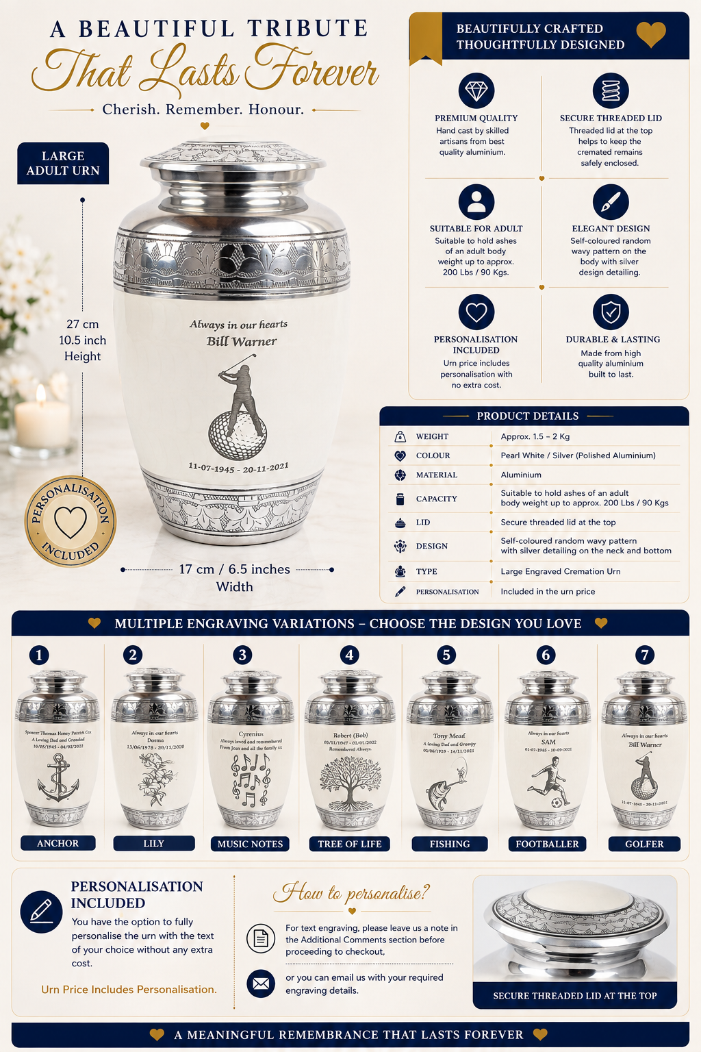 Pearl White Aluminium Cremation Urn With Engraving Options