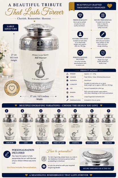 Pearl White Aluminium Cremation Urn With Engraving Options