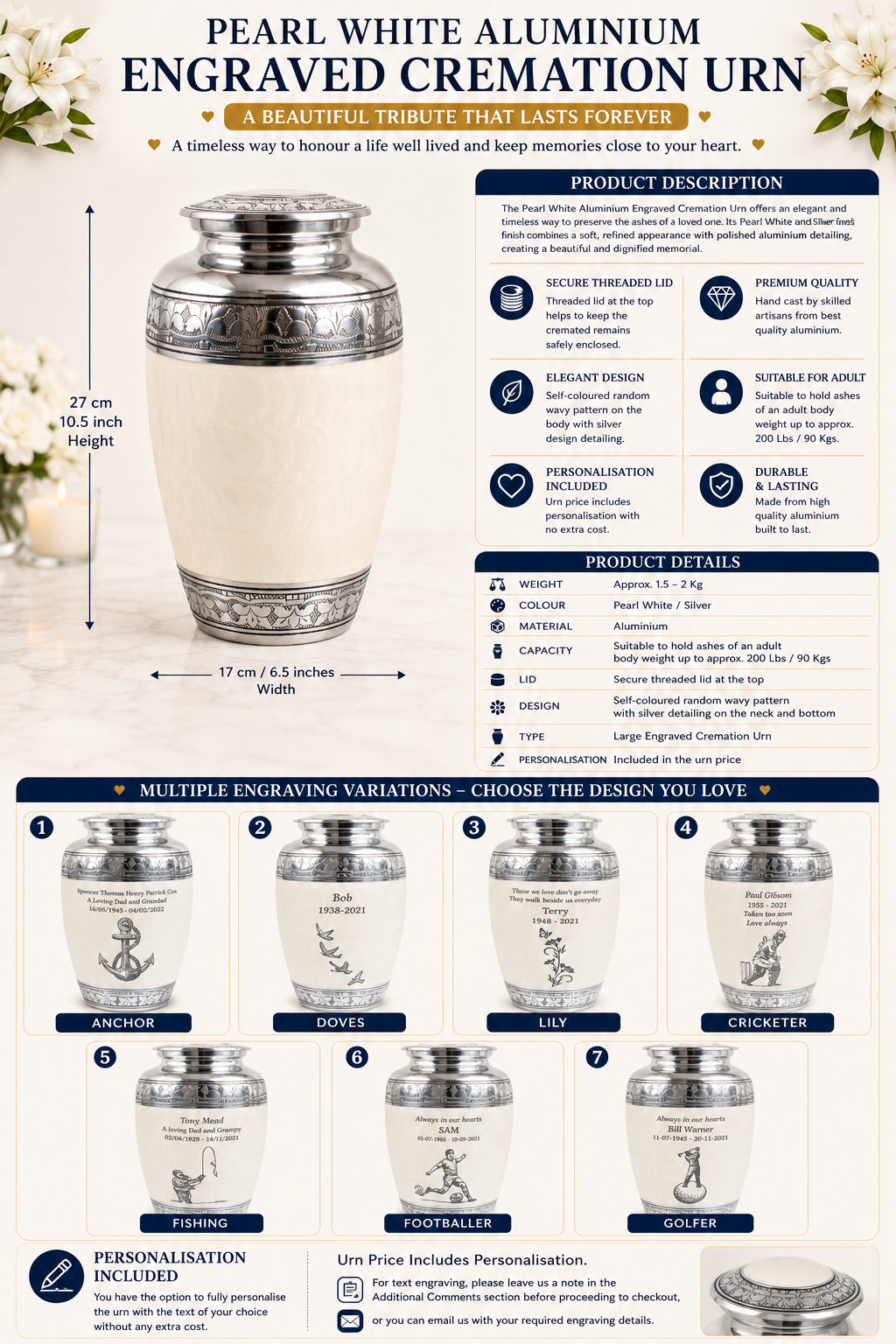 Pearl White Aluminium Cremation Urn With Engraving Options