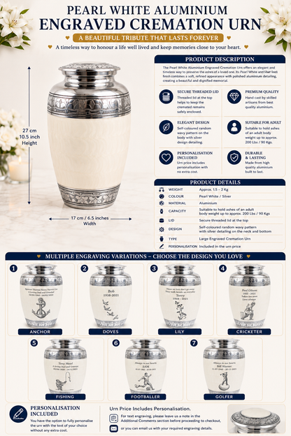 Pearl White Aluminium Cremation Urn With Engraving Options