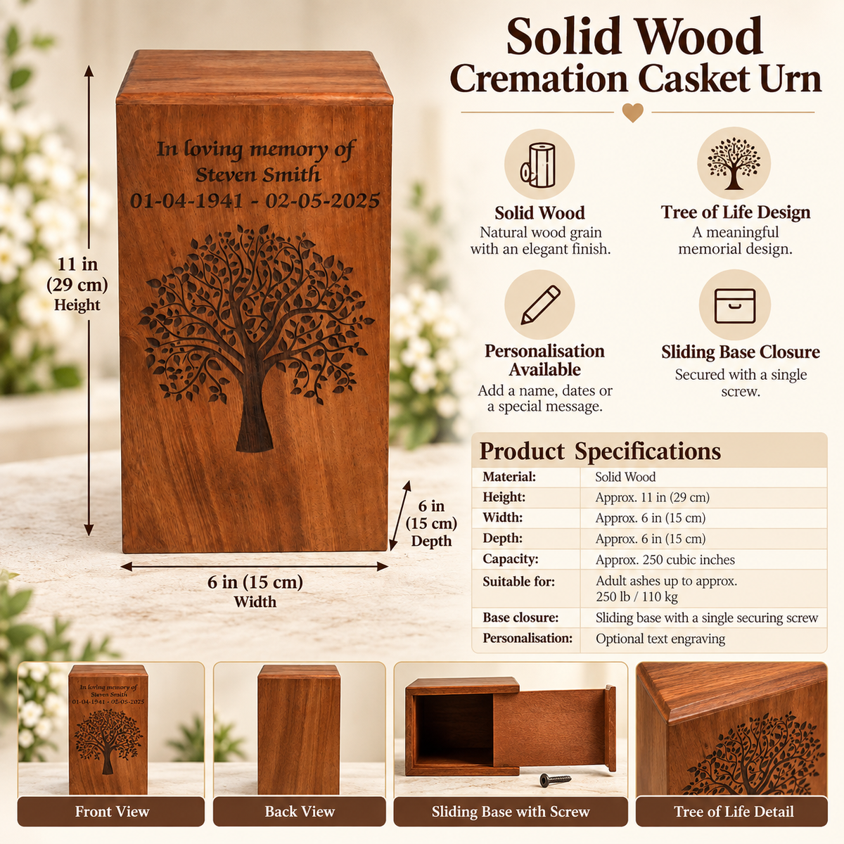 Wood Casket for Adult Ashes Tree Design
