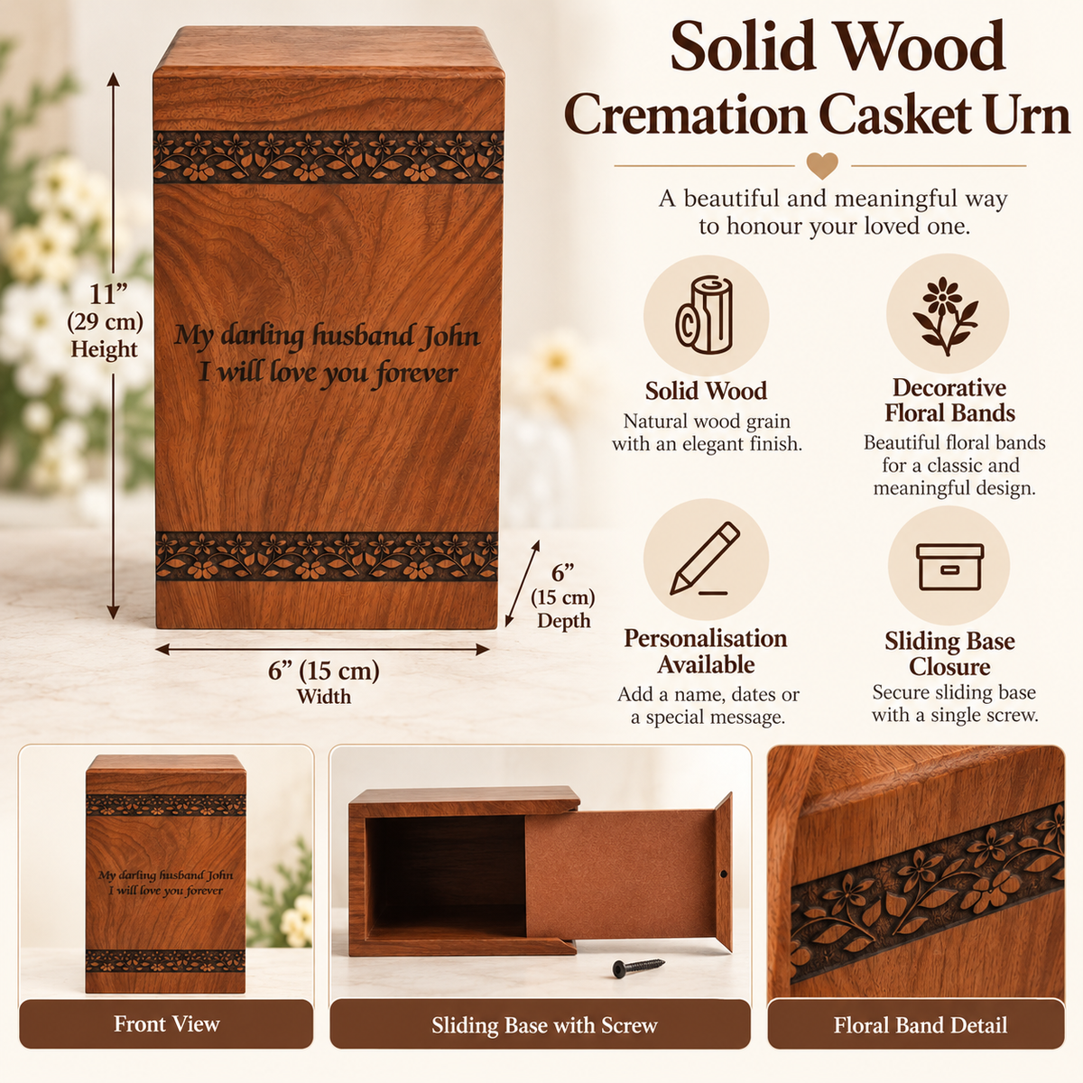 Solid Wood Cremation Casket Urn – Floral Border Engraving Design