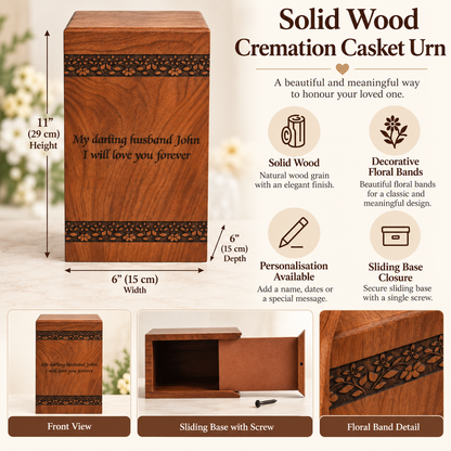 Solid Wood Cremation Casket Urn – Floral Border Engraving Design