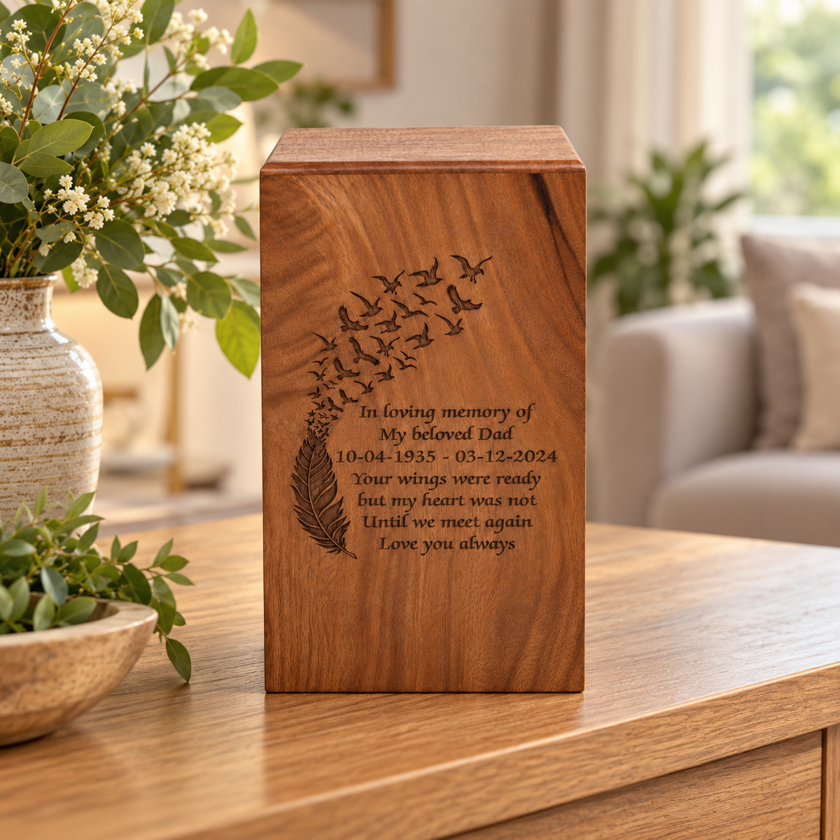 Wood Casket for Adult Ashes Feather Design