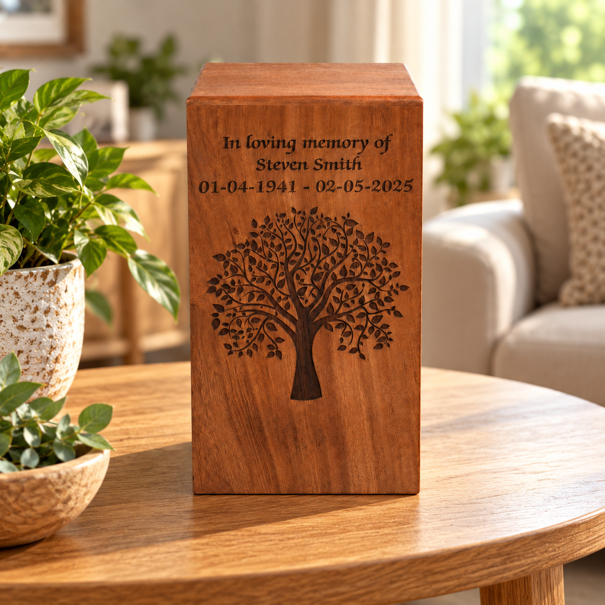Wood Casket for Adult Ashes Tree Design