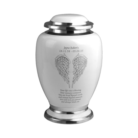 White and Silver Angel Wings Design Urn