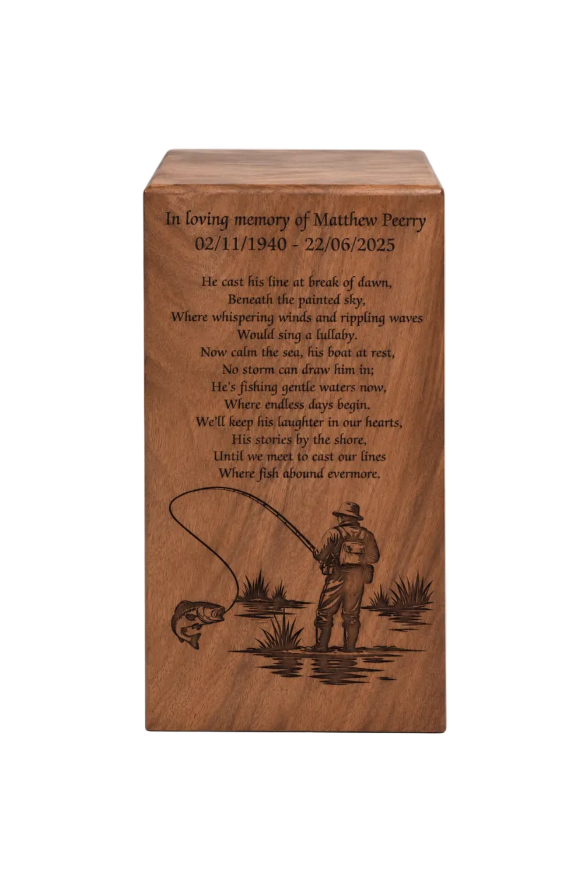 Wood Casket for Adult Ashes Fisherman Design