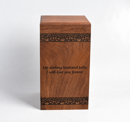 Solid Wood Cremation Casket Urn – Floral Border Engraving Design