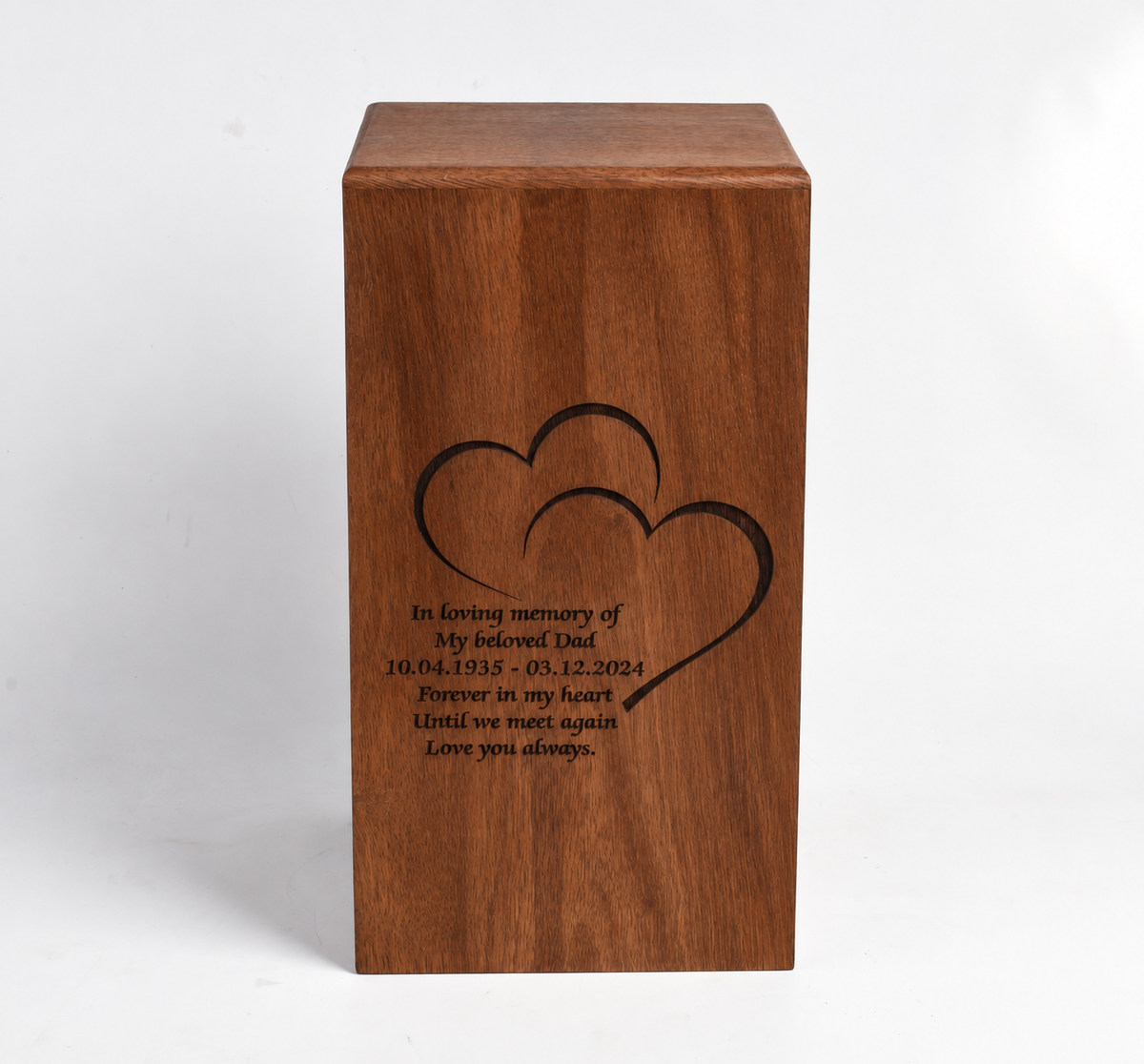 Wood Casket for Adult Ashes Twin Hearts Design