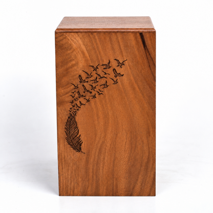 Wood Casket for Adult Ashes Feather Design