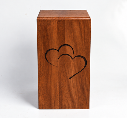 Wood Casket for Adult Ashes Twin Hearts Design