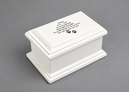 White MDF Wood Cremation Ashes Casket Paws Design Urn 2 Sizes: Small & Medium