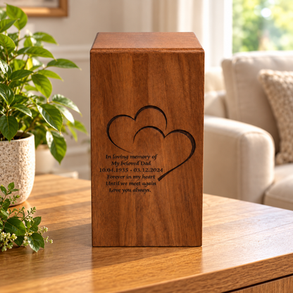 Wood Casket for Adult Ashes Twin Hearts Design