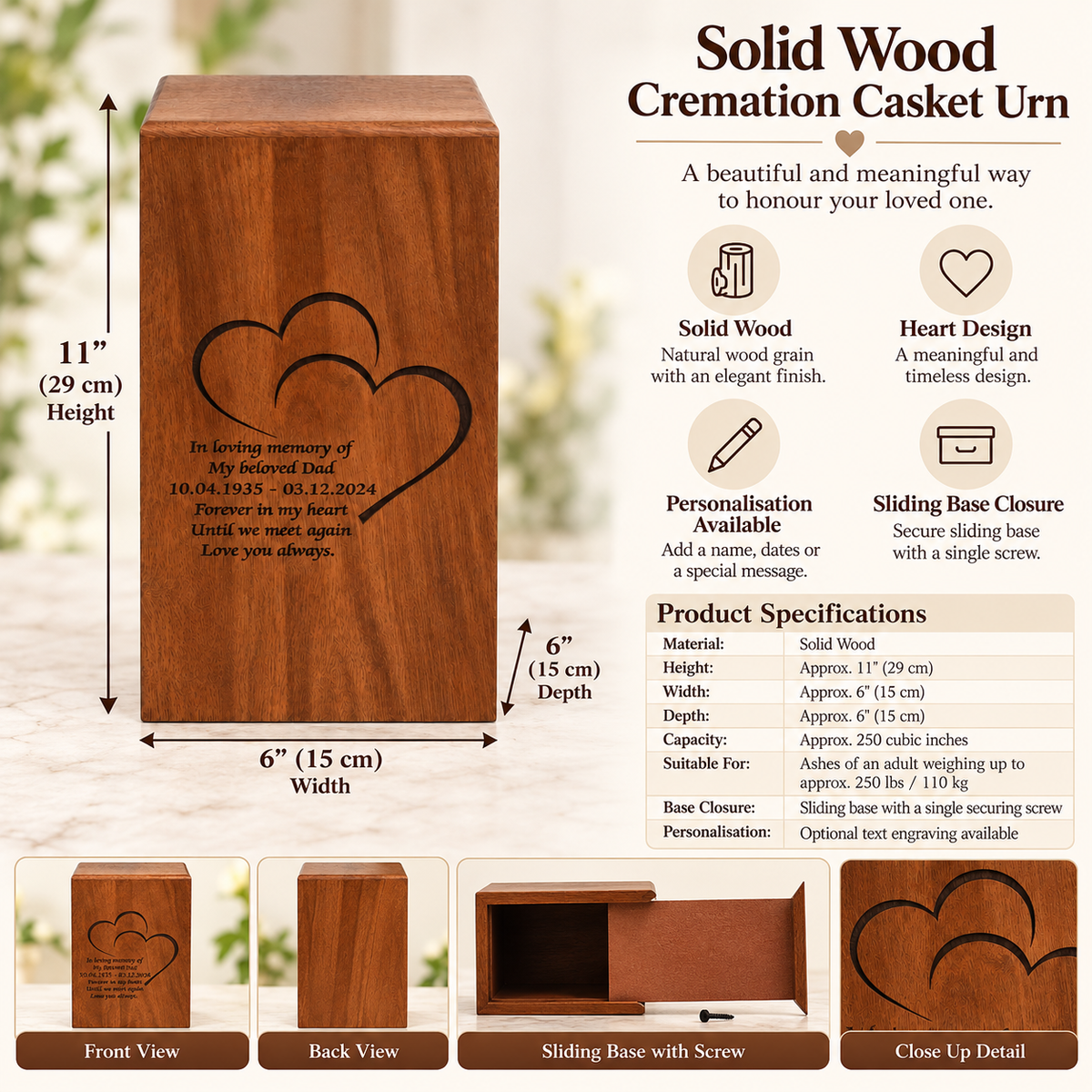 Wood Casket for Adult Ashes Twin Hearts Design