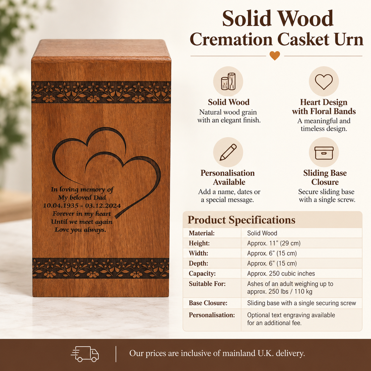 Wood Cremation Casket Urn – Double Heart & Floral Engraving
