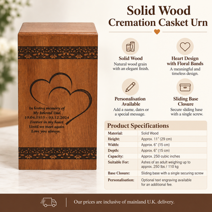 Wood Cremation Casket Urn – Double Heart & Floral Engraving