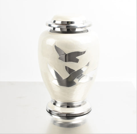 White and Silver Flying Birds Aluminium Urn