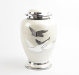 White and Silver Flying Birds Aluminium Urn