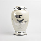 White and Silver Flying Birds Aluminium Urn